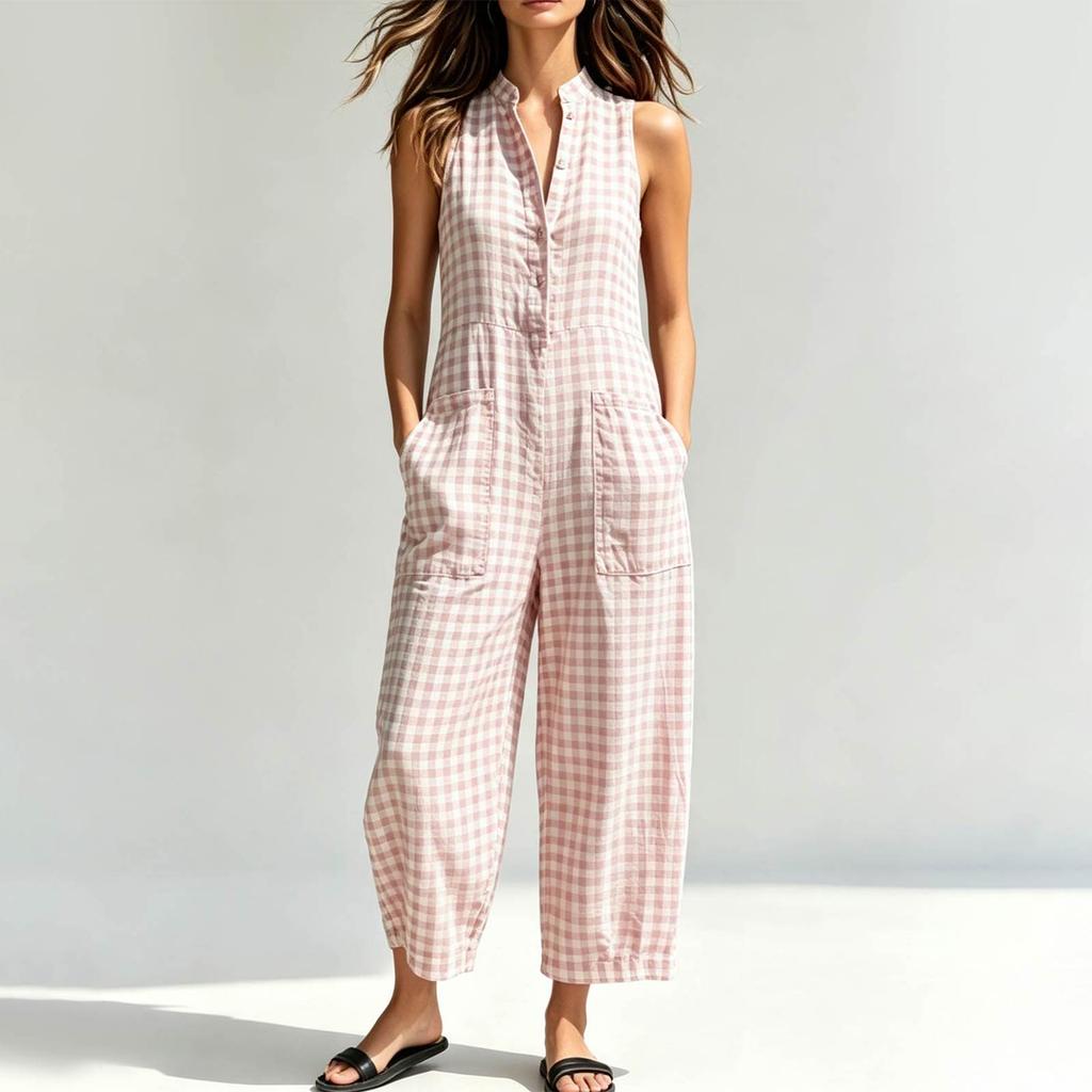 Αμάνικο Jumpsuit με V λαιμό και τσέπες για Γυναίκες, Casual, Χαλαρή εφαρμογή, Φαρδύ πόδι, Μονοκόμματο, Καλοκαιρινό Romper