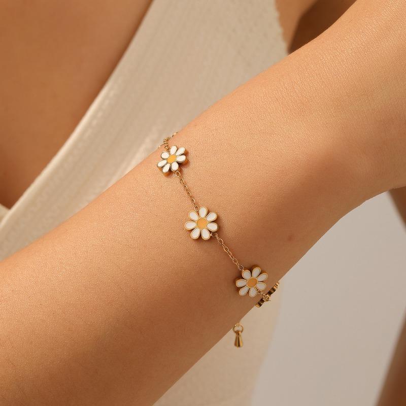 Gold Daisy Flower Enamel Bracelet For Women Dainty Jewelry