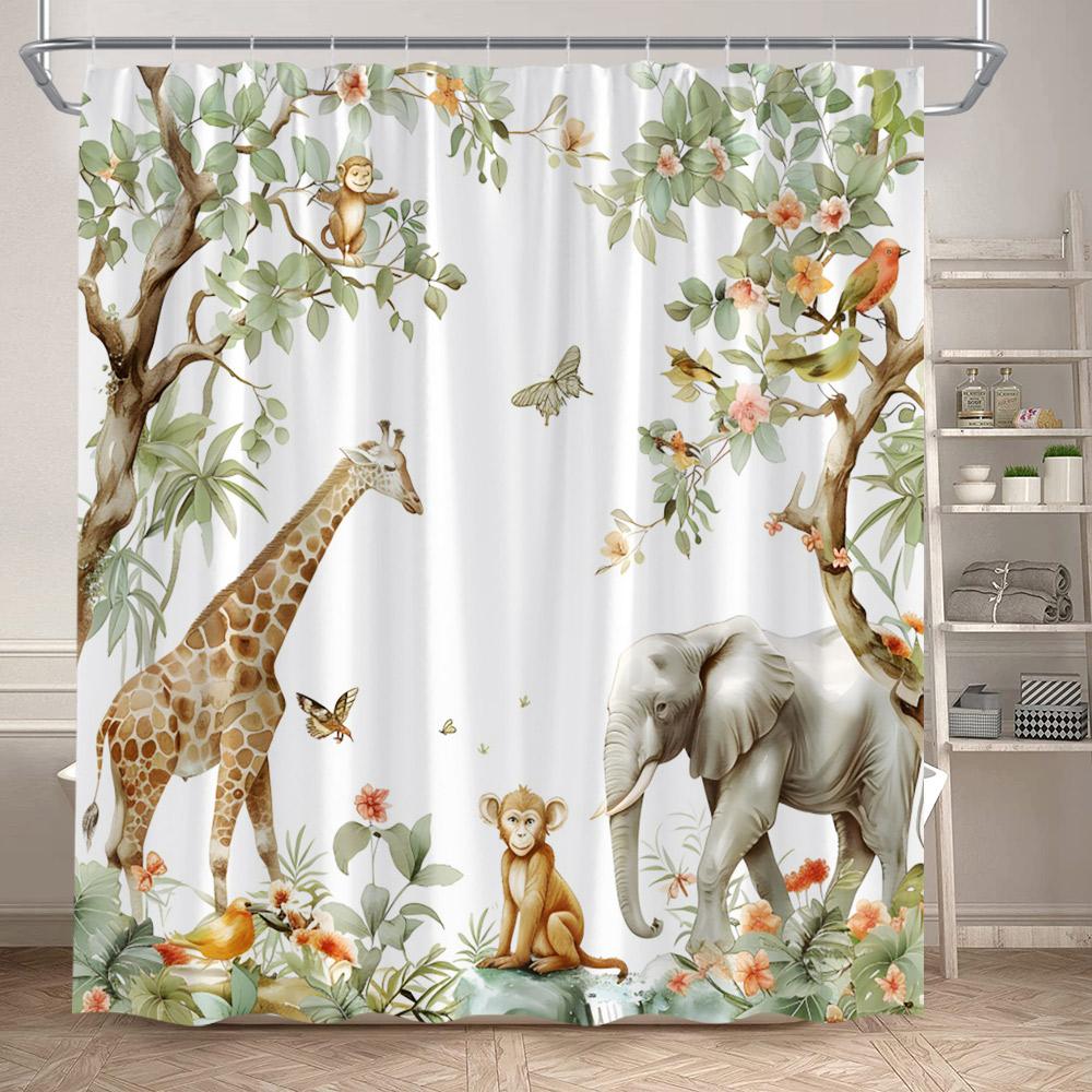 Cartoon Wild Animals Shower Curtains Lion Elephant Giraffe Monkey Forest Wildlife Kids Bath Curtain Fabric Home Bathroom Decor