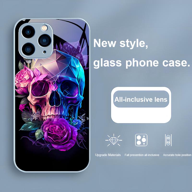 Cartoon Rose And Skull Purple For Iphone 15 14 13 12 Mini 11 Pro Max X XS XR 7 8 Plus 2020 22 SE Tempered Glass Phone Case