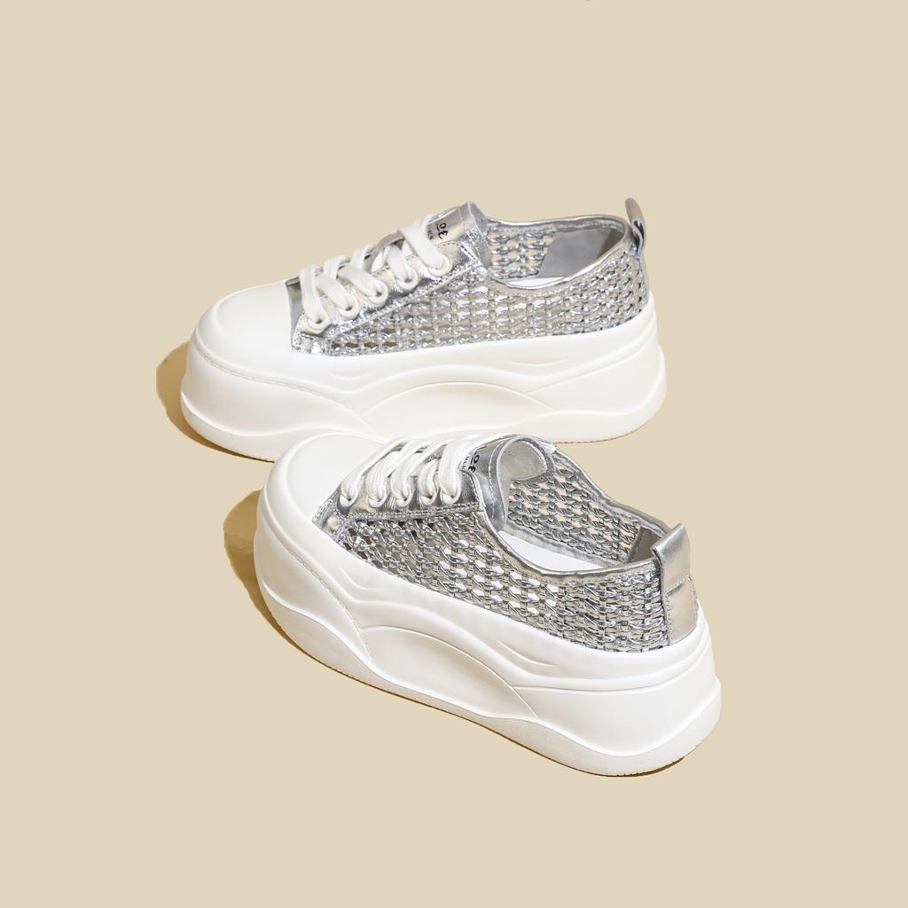 Thick-soled heightening little white shoes for women's 2025 summer new small heightening lightweight weaving hollow muffin sole casual shoes
