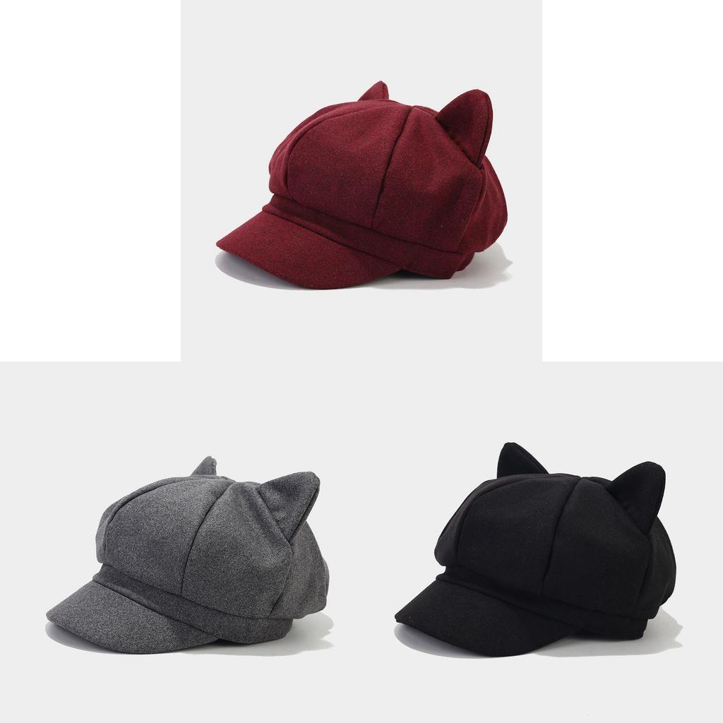 Cat Ear Hat For Women Autumn Winter Wool Blend Retro Octagon Cap With Sun Protection