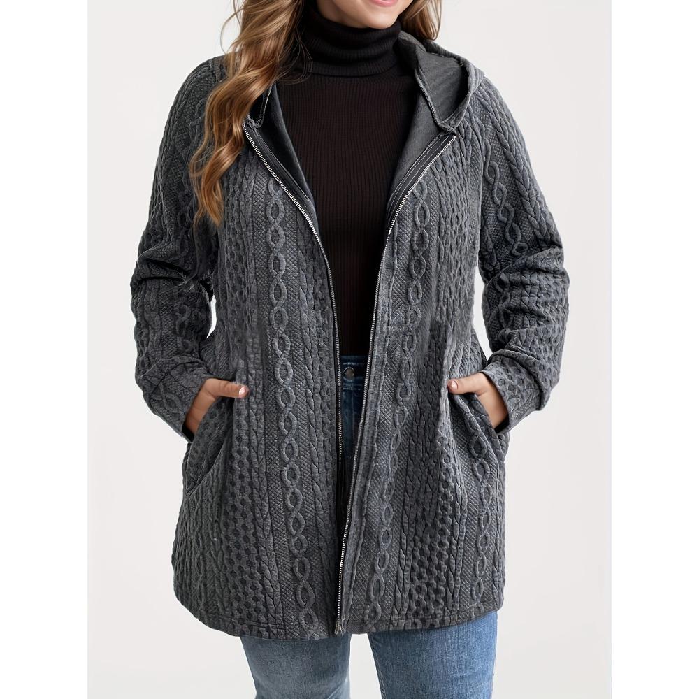 Women's Plus Size Cable Knit Hooded Jacket Zip Up Long Sleeve Casual Coat With Pockets