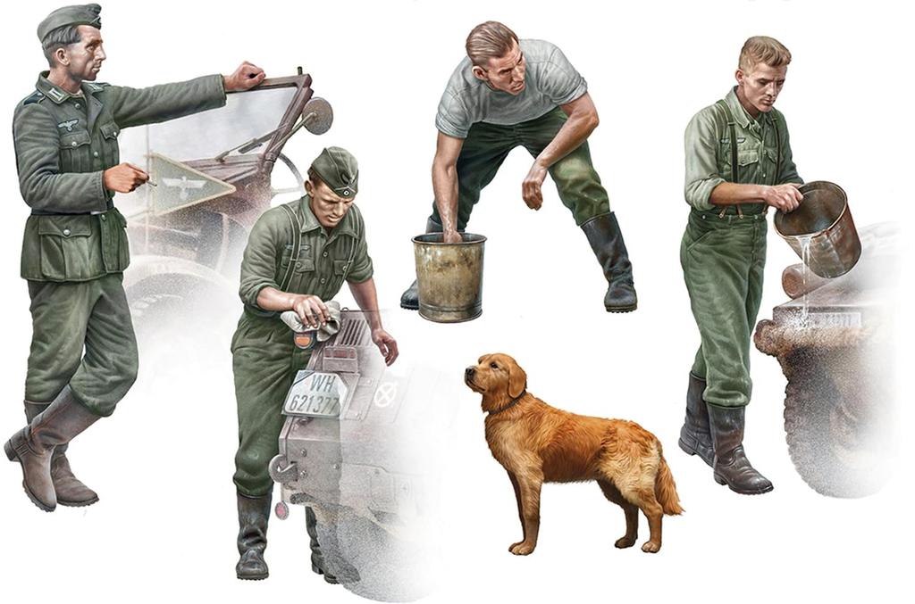 Master Box 1/35 Scale German Military Vehicle Drivers (4 Soldiers and 1 Dog) Fast Troop Plastic Model Kit MB35237