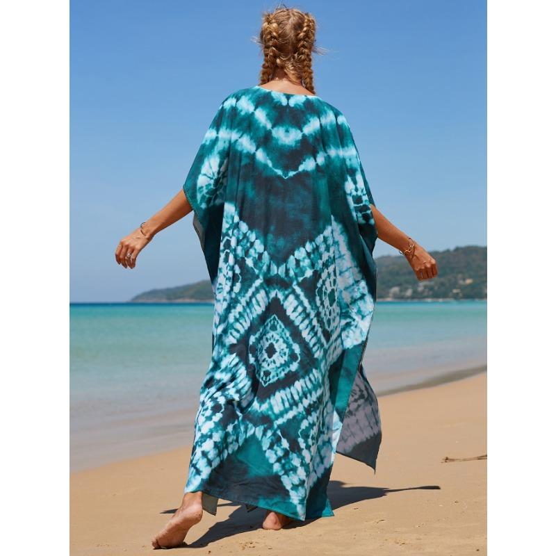 Damenmode Sommer Frühling Farbblockdruck Kurzarm V-Ausschnitt Lockere Taille Freizeitkleider