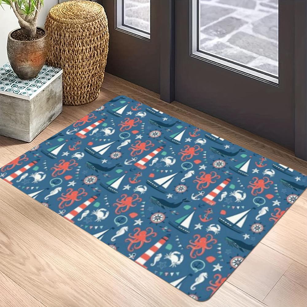 Navy Blue Anchor & Sailboat Print Carpet Mat Rug for Living Room Bedroom Indoor Home Decoration Modern Nautical Design Floor Mat