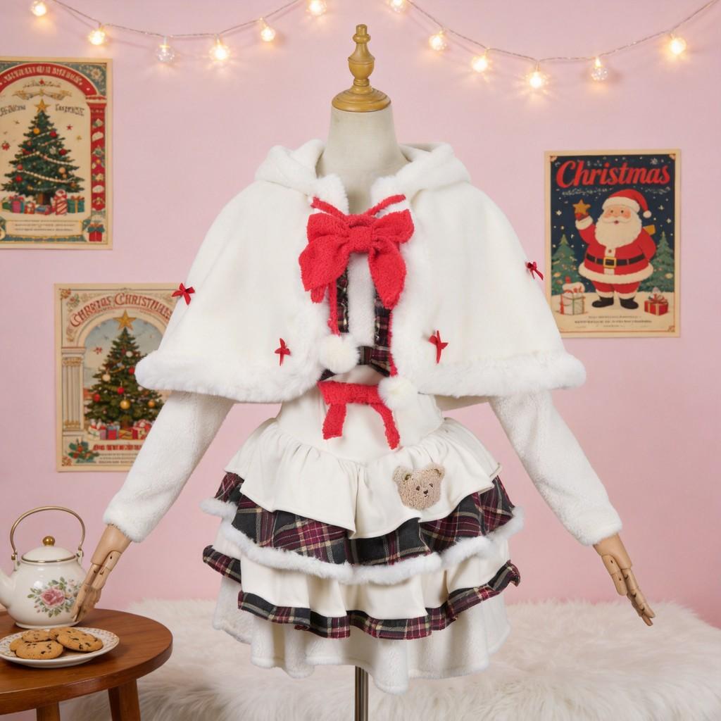 Christmas Theme White Plush Cape For Cosplay And Lolita Style In Multiple Sizes