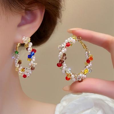 Dopamine Color Beaded Wrap Earrings Women's New Popular Earrings Fashion Temperament Circle Stud Earrings Earrings