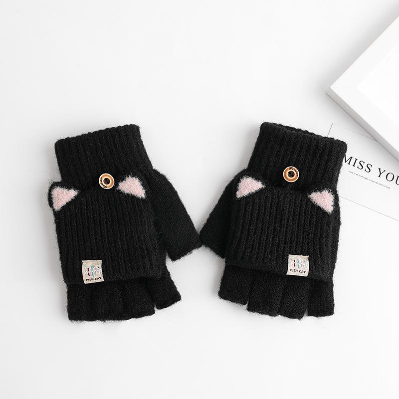 Women'S Cat Ear Convertible Fingerless Gloves, Winter Warm Gloves, Elastic Fit Design, Fashionable And Warm Cat Ear Gloves