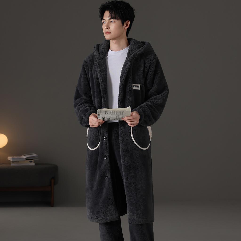 Teen men's pajamas autumn and winter 1011 new plush nightgown coral fleece thickened two-piece set loungewear