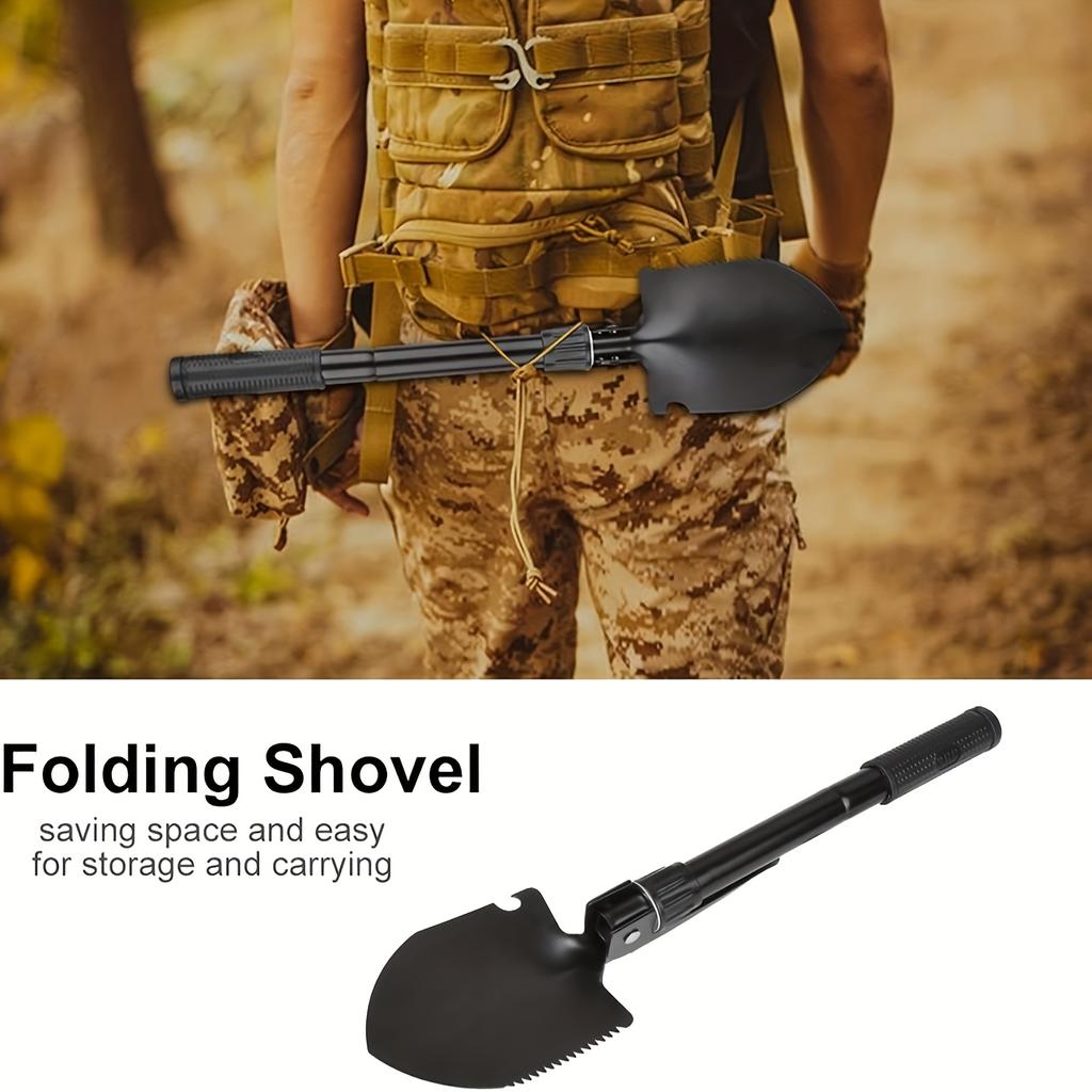 1 Stück 7-in-1-Überlebensschaufel aus Eisen zum Zusammenklappen mit Kompass, multifunktionales Outdoor-Camping- und Wanderwerkzeug, unverzichtbar am Tag der Arbeit, kein Feuerstein/Magnesiumstab
