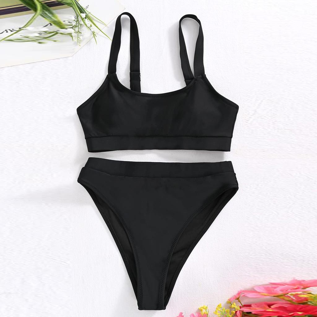 Damen-Bikini-Set mit hoher Taille, V-Ausschnitt, zweiteiliger Badeanzug, Farbblock vorne, gedrehter Badeanzug