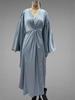 Elegant V-Neck Satin French Dress with Batwing Sleeves and Waist-Cinching Design