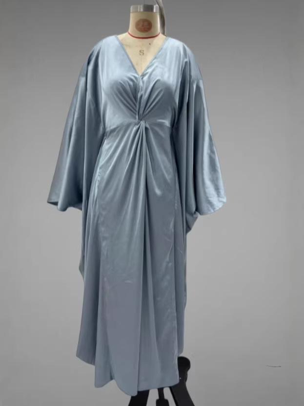 Elegant V-Neck Satin French Dress with Batwing Sleeves and Waist-Cinching Design