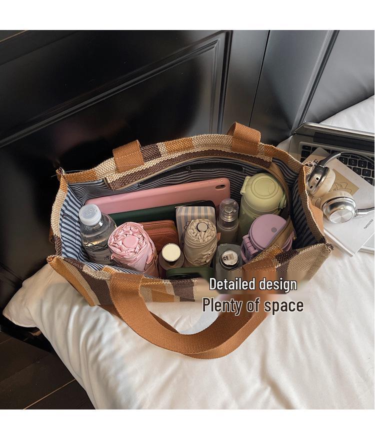 Women's Large Capacity Striped Canvas Tote Bag - Casual Shoulder Handbag