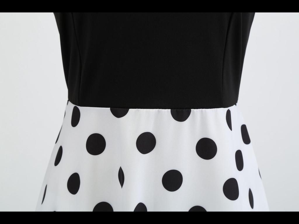 Retro Sukienka Rozkloszowana z Nadrukiem i Łatkami w Stylu Hepburn z Paskiem