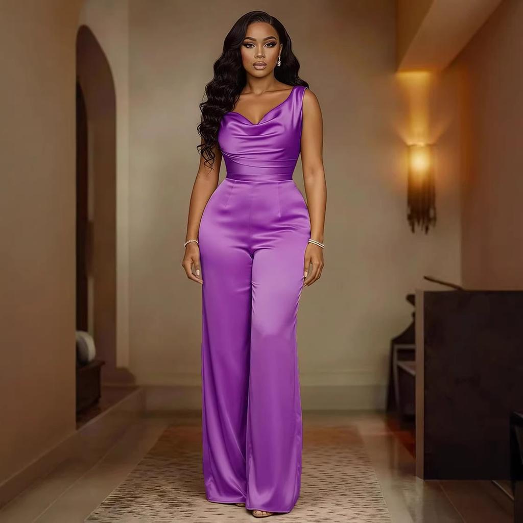 New Style One-piece Pants with Sleeveless Flared Waist Cinched Wide-leg Pants for Women