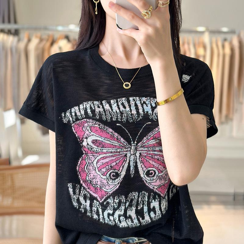 

Tianshi Bamboo Joint Gauze Round Neck Short Sleeve Women s Summer New Butterfly Sweater Loose Fashion Top for Women One size