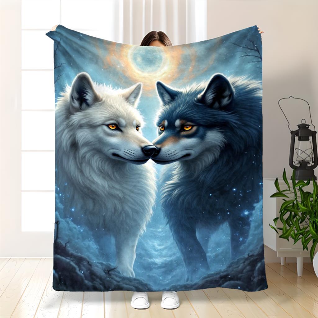 Indian Wolf Head Fleece Blanket - Two Wolves Howling Wildlife Throw 80x120cm