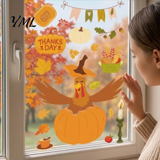 Removable Glass Stickers 4 Sheets Thanksgiving Static Window Stickers, Decorative Vinyl Decals, Autumn Turkey Pumpkin Maple Leaves Patterns