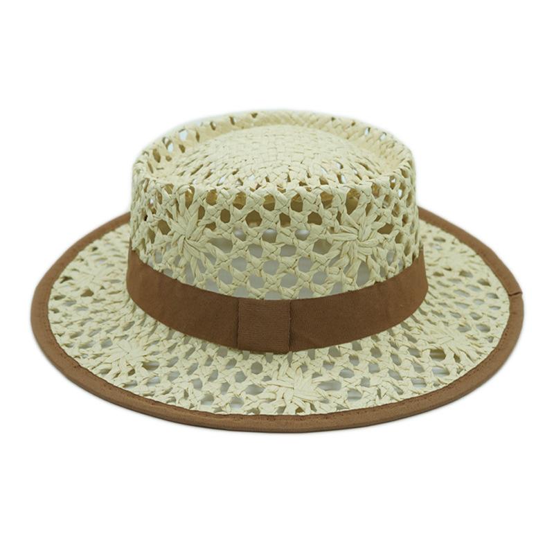 Japanese Korean Version Hollow Woven Beige Flat Top Top Top Hat Women'S Summer Sunshade Vacation Beach Straw Hat Small Fresh And Retro