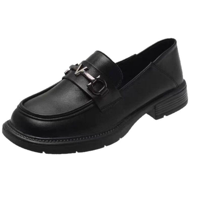 Spring and Autumn new women's shoes British flat-bottomed small leather shoes women's one-pedal round head black work shoes