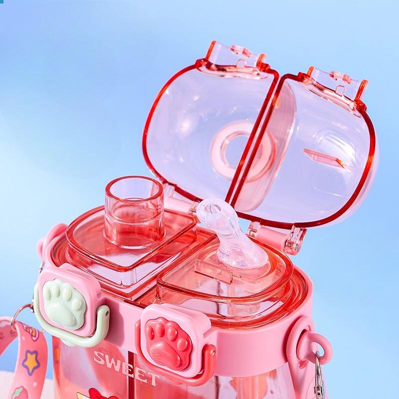 Children's Double-drinking Water Cup with Separate Compartments, Plastic Cartoon Straw Cup, Student Portable Hanging Rope Water Bottle