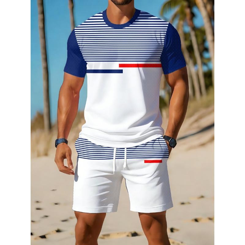 Men's Sports Short Sleeve Top Shorts Set Plus Size Breathable Basketball Sports Clothing Stripe Print T-shirt Shorts 2-piece Set