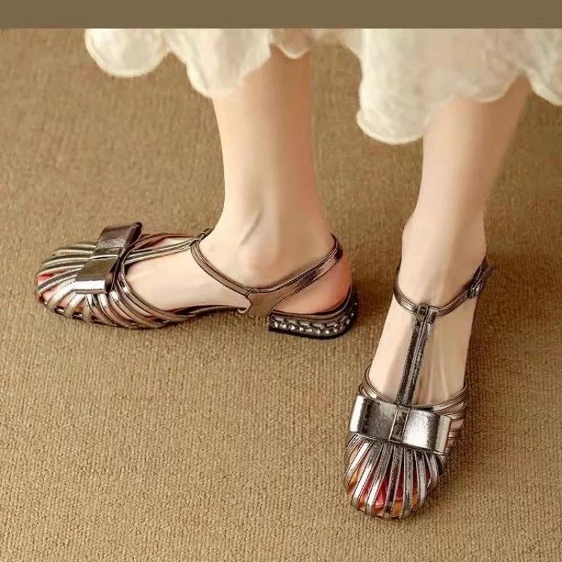 fashion 2024 New Fashion Women's Sandals Buckle Spring and Summer Square Toe Low Heel Big Toe Roman Sandals Zapatos De Mujer Shoes