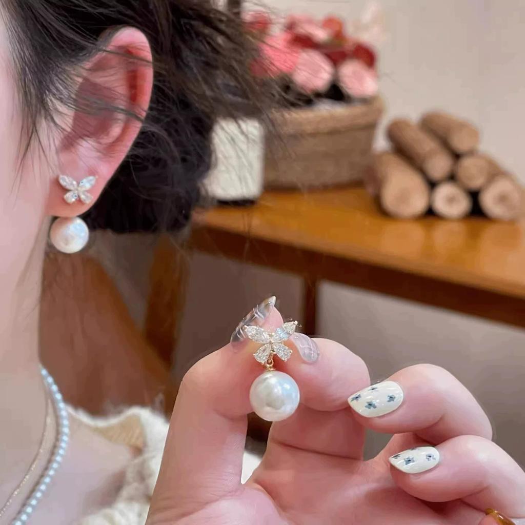 S silver needle zircon pearl earrings women's niche butterfly stud earrings versatile temperament earrings
