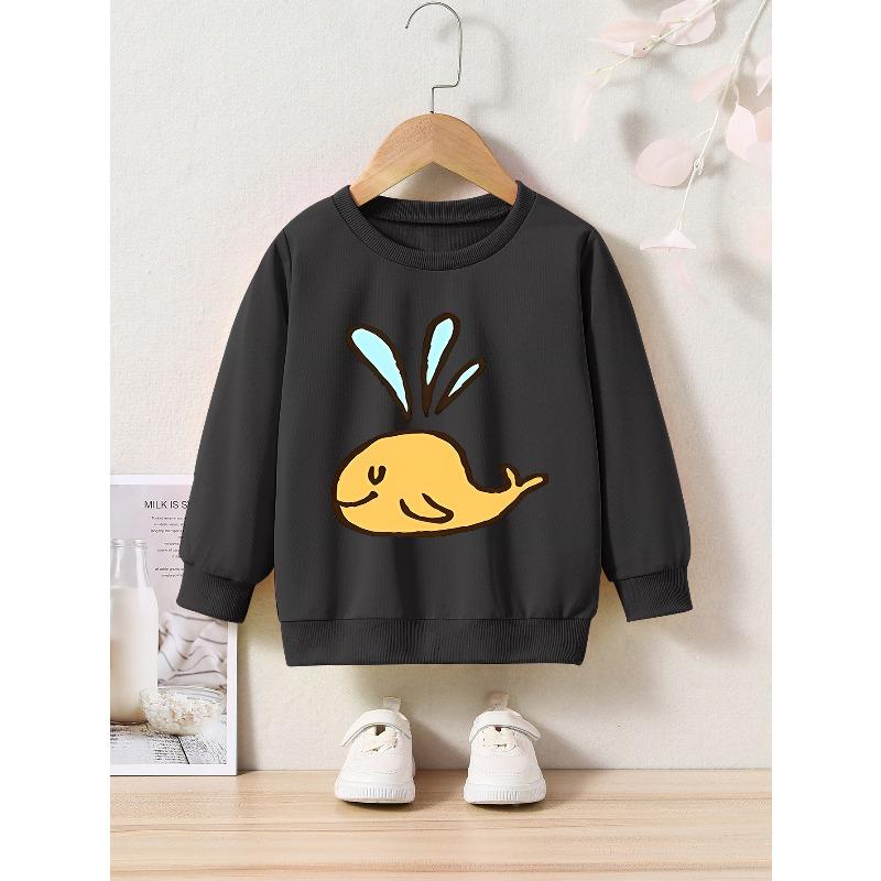 Kids' Cartoon Whale Applique Crew Neck Sweatshirt - Casual Pullover , Regular Fit, Slight Stretch Fabric, Ideal for Spring/Fall