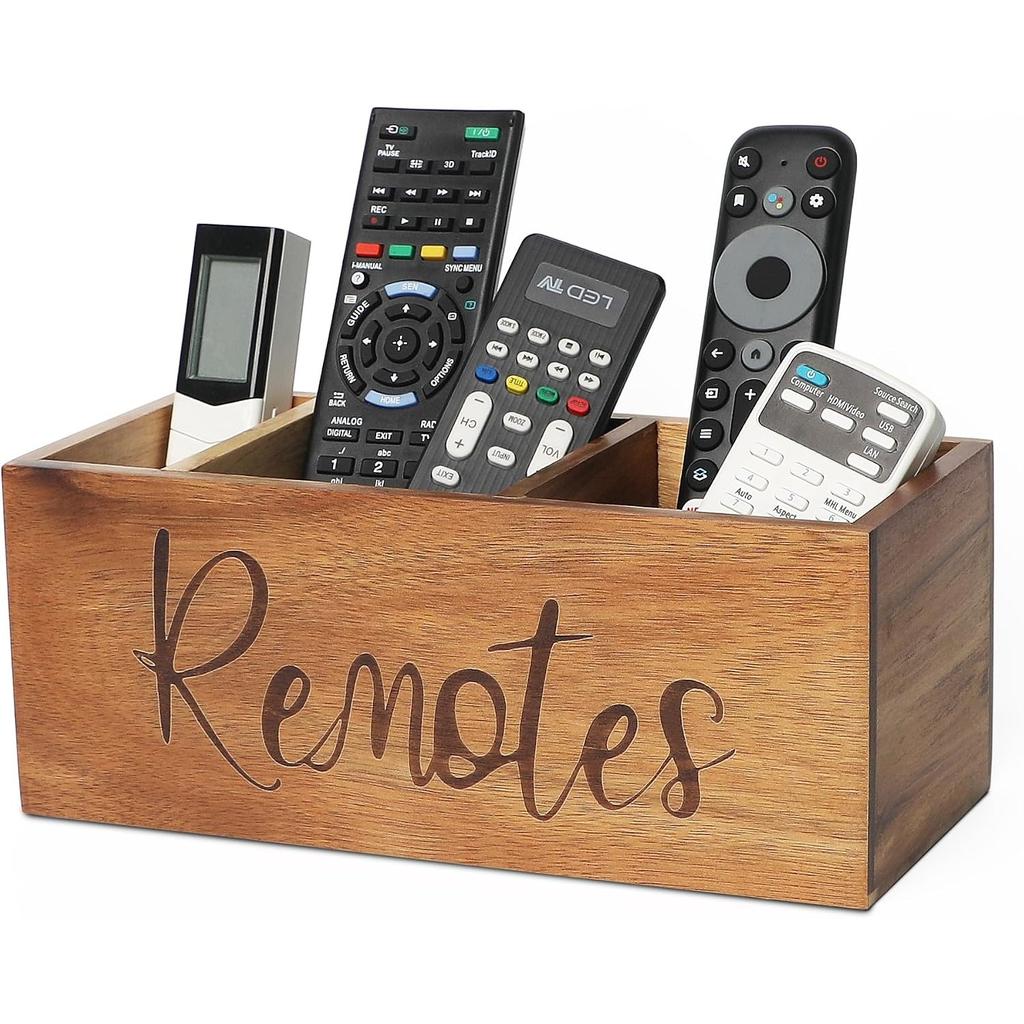 Acacia Wood TV Remote Holder, Caddy and Organizer for Table, Vintage Farmhouse Desk Caddy (Brown for 2 or 3 Remote Controls)