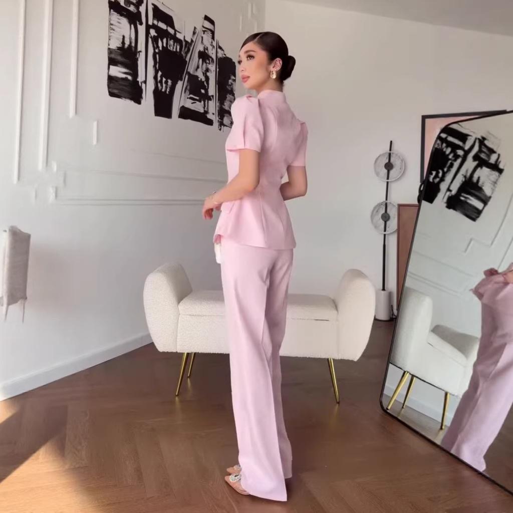 26 Europe, America, Amazon cross-border women's clothing new stand-up collar water drop type hollow design bubble sleeve top trousers