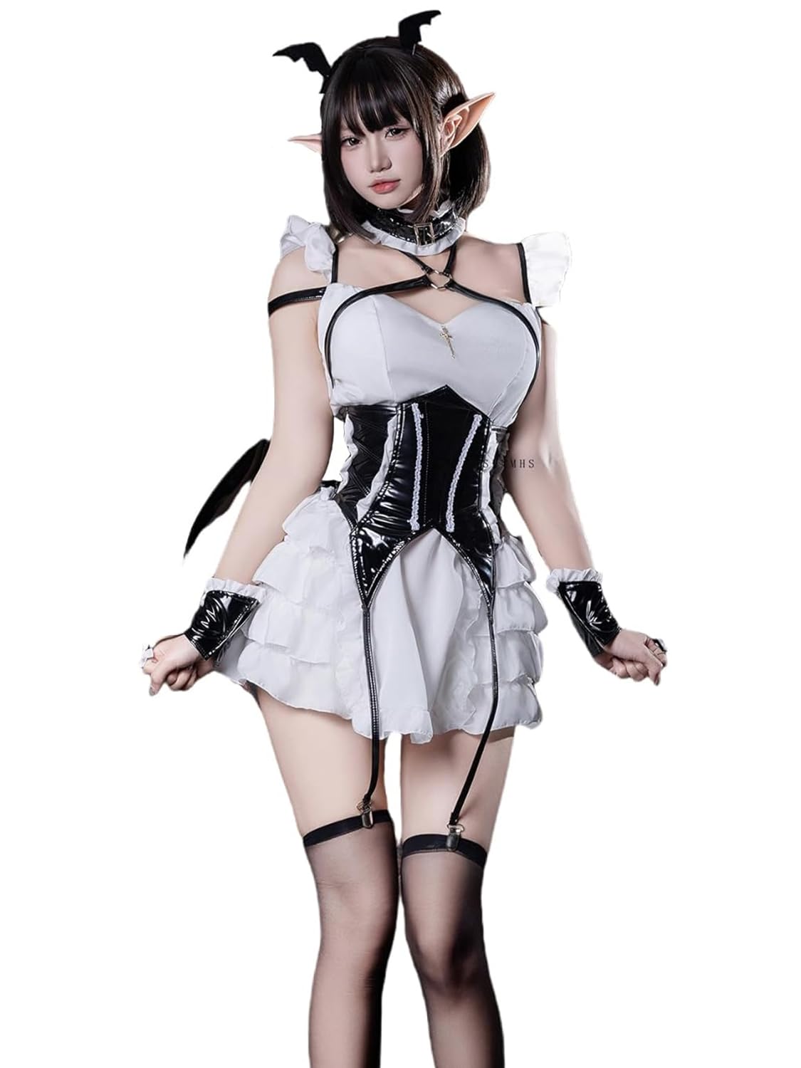 

[SENMHS] Sexy Devil Witch Vampire Demon Costume in PU Leather, Cute Maid Style, Bodycon Dress, Perfect for Performances, Theatrical Performances, Ghos