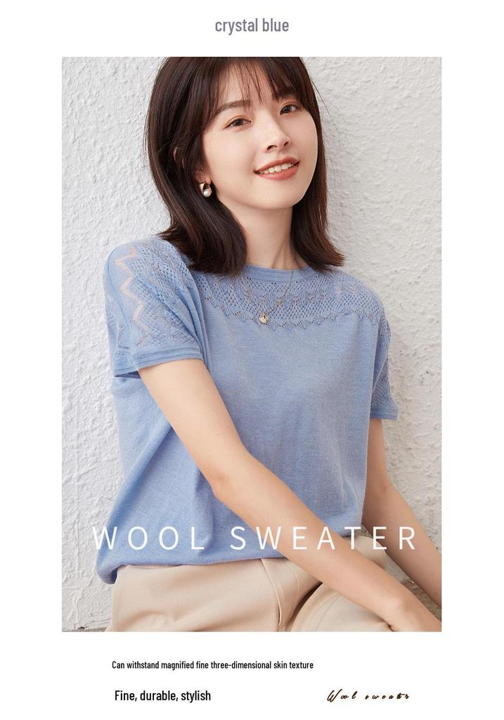 Ice Silk Hollow-Out Knit T-shirt for Moms - Lightweight, Loose-Fit Short-Sleeve Summer Top for Middle-Aged Women.