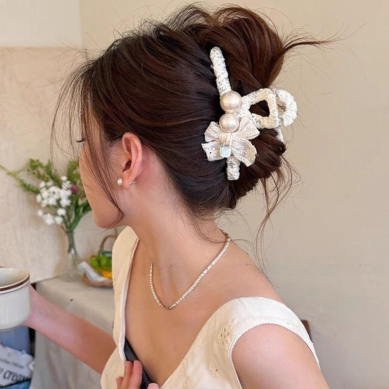 1pc Elegant Temperament Lace Pearl Large Grab Clip, New Style Hair Clip, High-end Shark Clip At the Back of the Head