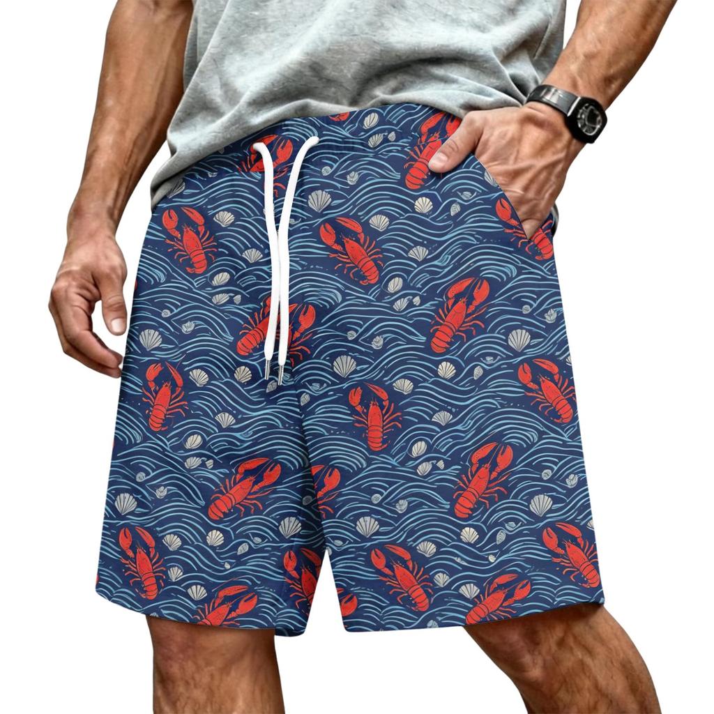 Men's Hawaiian Print Mesh Shorts with Drawstring Elastic Waist for Summer Beach