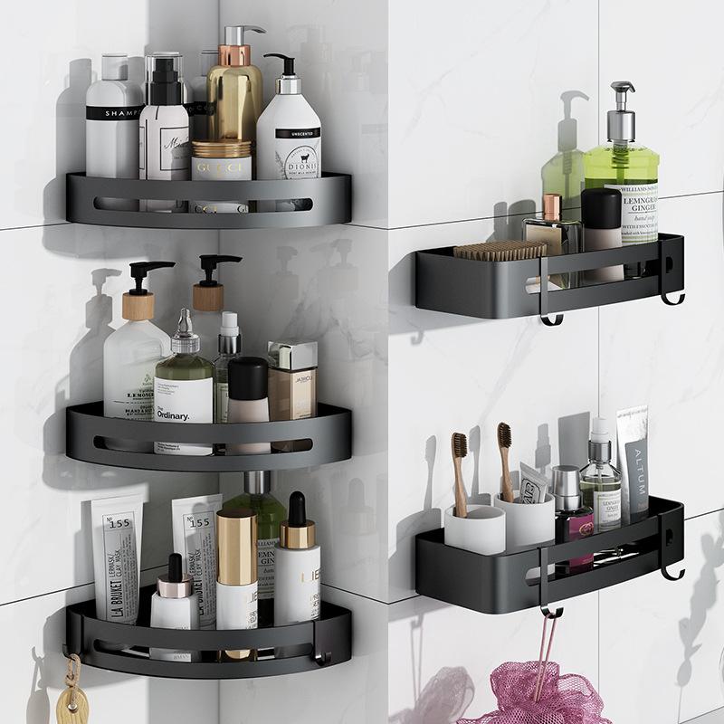 Modern Black Stainless Steel Bathroom Corner Shower Rack Wall-Mount Adhesive Black Bathroom Organizer Rack