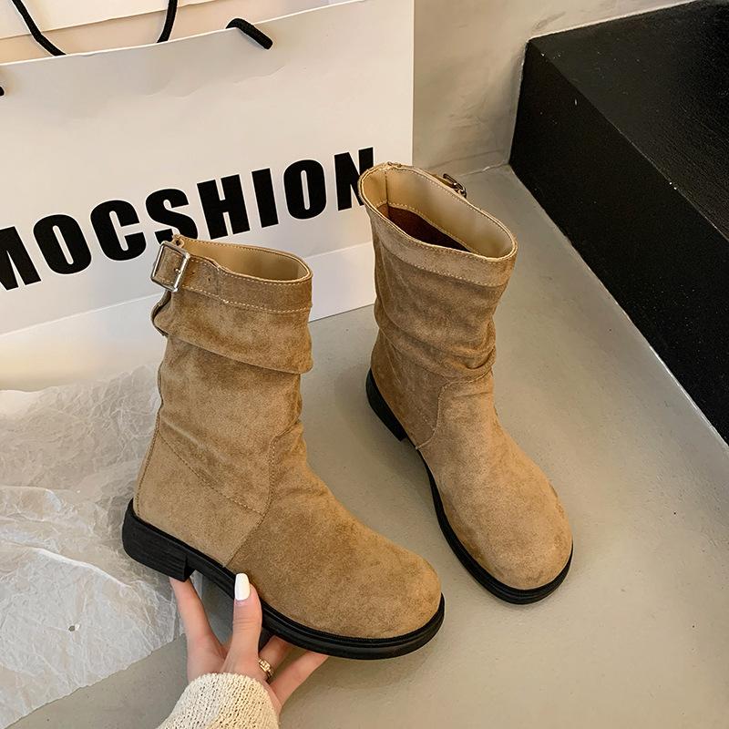 Medium tube short boots women's 2025 autumn and winter new versatile retro knight stacking boots flat-bottomed sleeve suede Martin boots