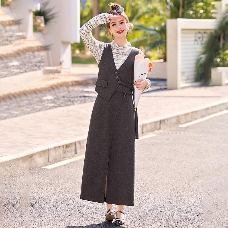 2025 Spring Elegant Long Sleeve Shirt, Vest, and Long Dress Three-Piece Set - SX3095