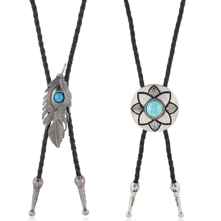 2Pcs Mens American Bolo Tie Vintage Western Metal Flower Stone Cowboy Necklace 1