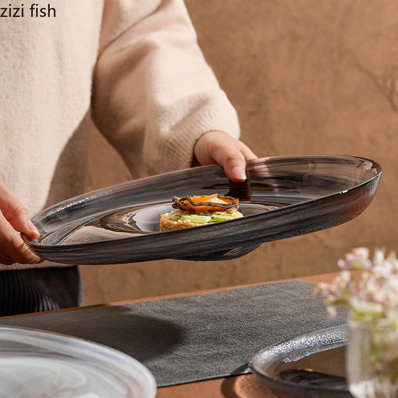 Irregular Slanted Glass Plate Pasta Dish Sashimi Plates Dessert Bowl Fruit Salad Bowl Serving Plates Dumpling Plate Dim Sum Dish