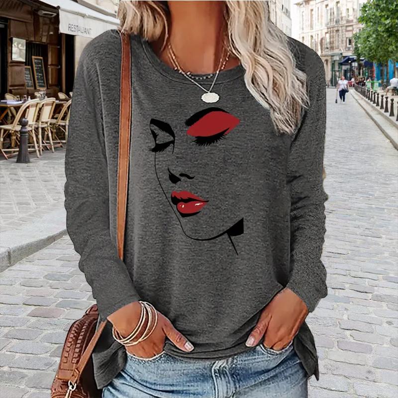 Topper for kvinner Sexy trykk av ansiktstrekk Rund hals Langermet T-skjorte Høst Casual Slim Pullover Dame Langermet Topp