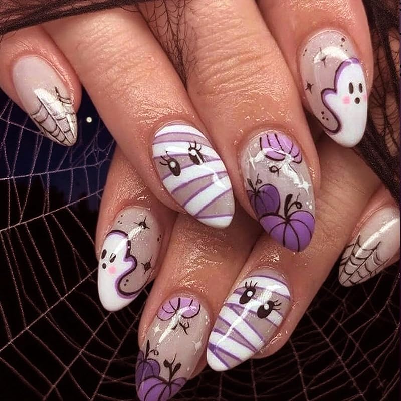 Halloween Press on Nails Medium Almond Fake Nails with Designs Cute Ghost Stick on Nails Rainbow Swirl False Nails Bat Acrylic Nails Cobweb