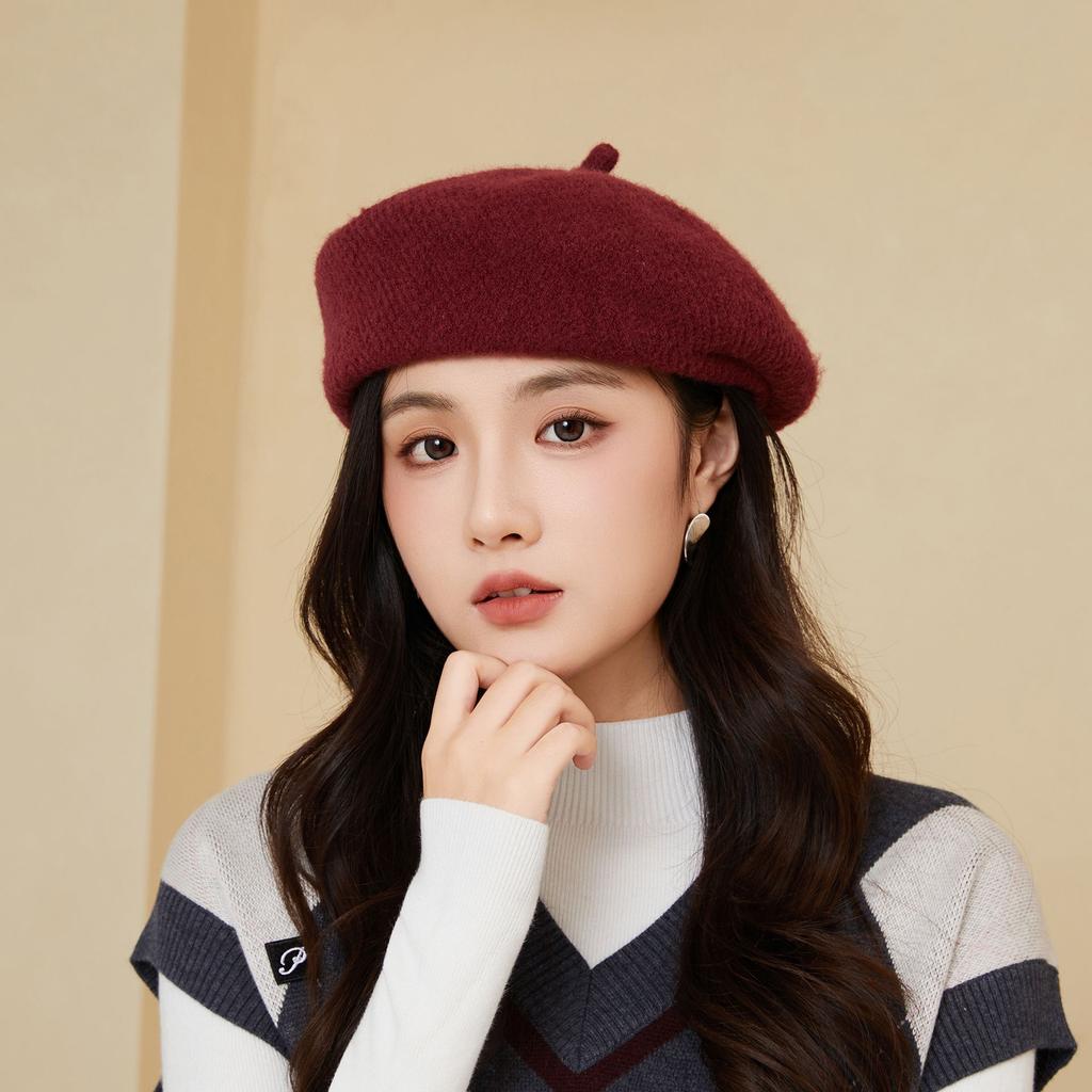 Female Solid Color Beret Casual Artistic Bud Hat Outdoor Autumn and Winter Warm Painter Hat