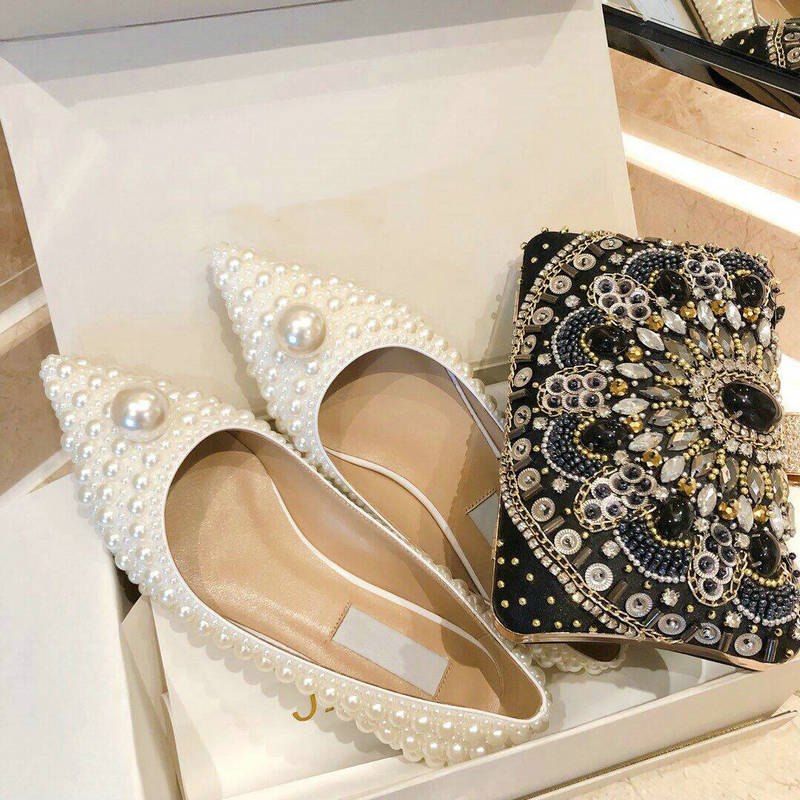 Pointed Pearl High Heels Single Shoes Flat Leather Soles With Sweet Party Sandals Wedding Shoes