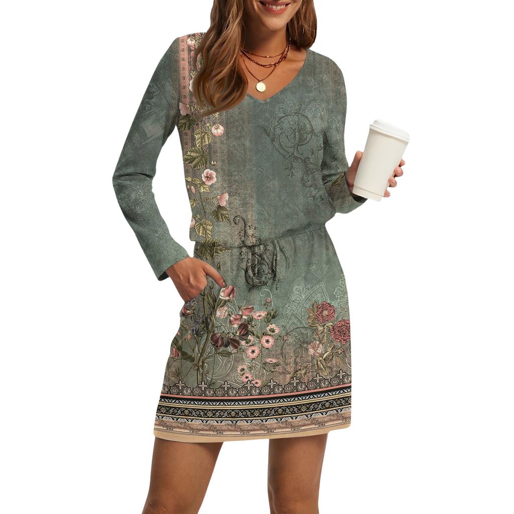Women's Fashion V-Neck Long Sleeve Drawstring With Pocket Floral Print Casual Dresses