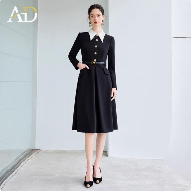 

Элегантное французское черное миди-платье с длинным рукавом и юбкой-зонтиком с завышенной талией XXL