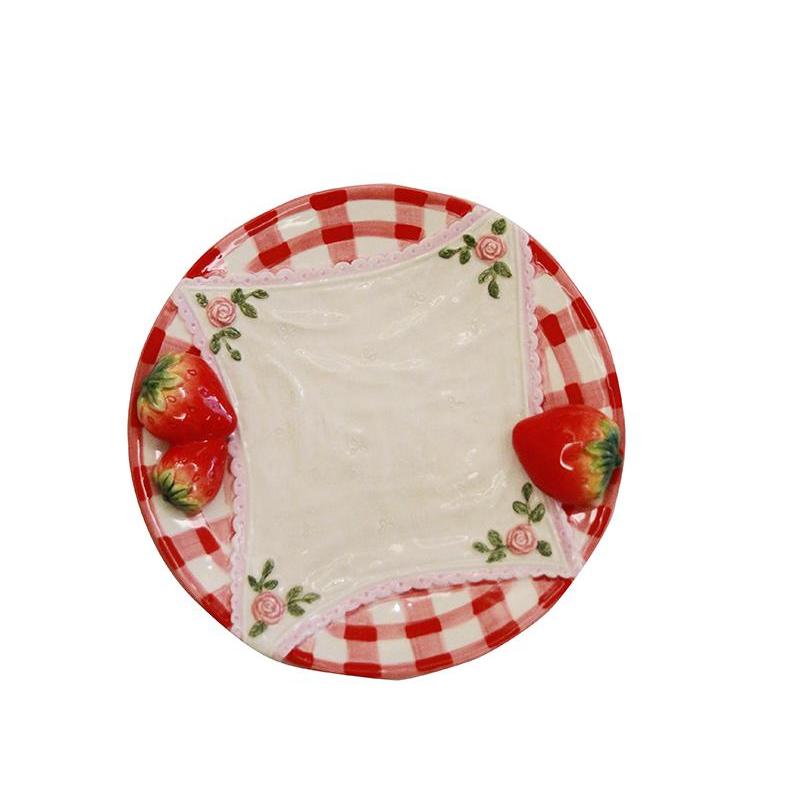 1pc Restaurant Utensils Retro Checkered Three-dimensional Strawberry Ceramic Underglaze Color Plates Dessert Plates Home Gifts