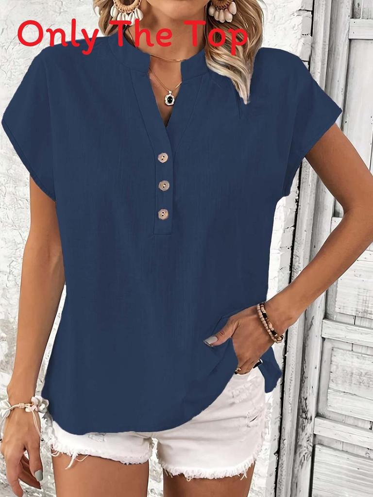 Camicetta Vintage in Lino e Cotone con Scollo a V e Maniche Corte per Uso Casual in Ufficio